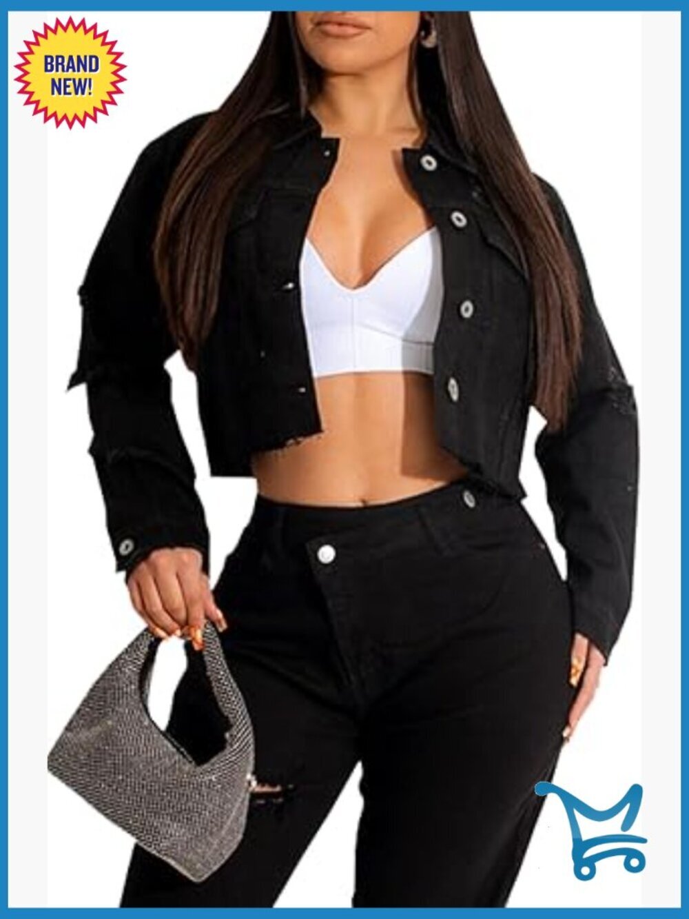 Cropped Denim Jacket Women Long Sleeve Destroyed Wash Ripped Jean Jacket